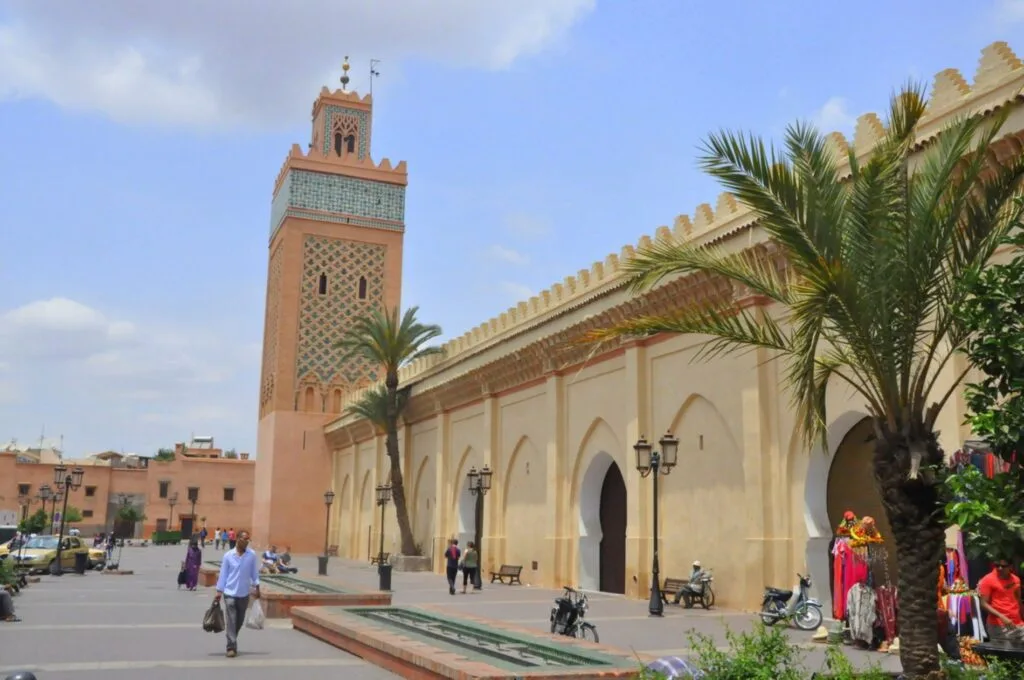 View of streets with old mosque in Marrakech Medina Morocco