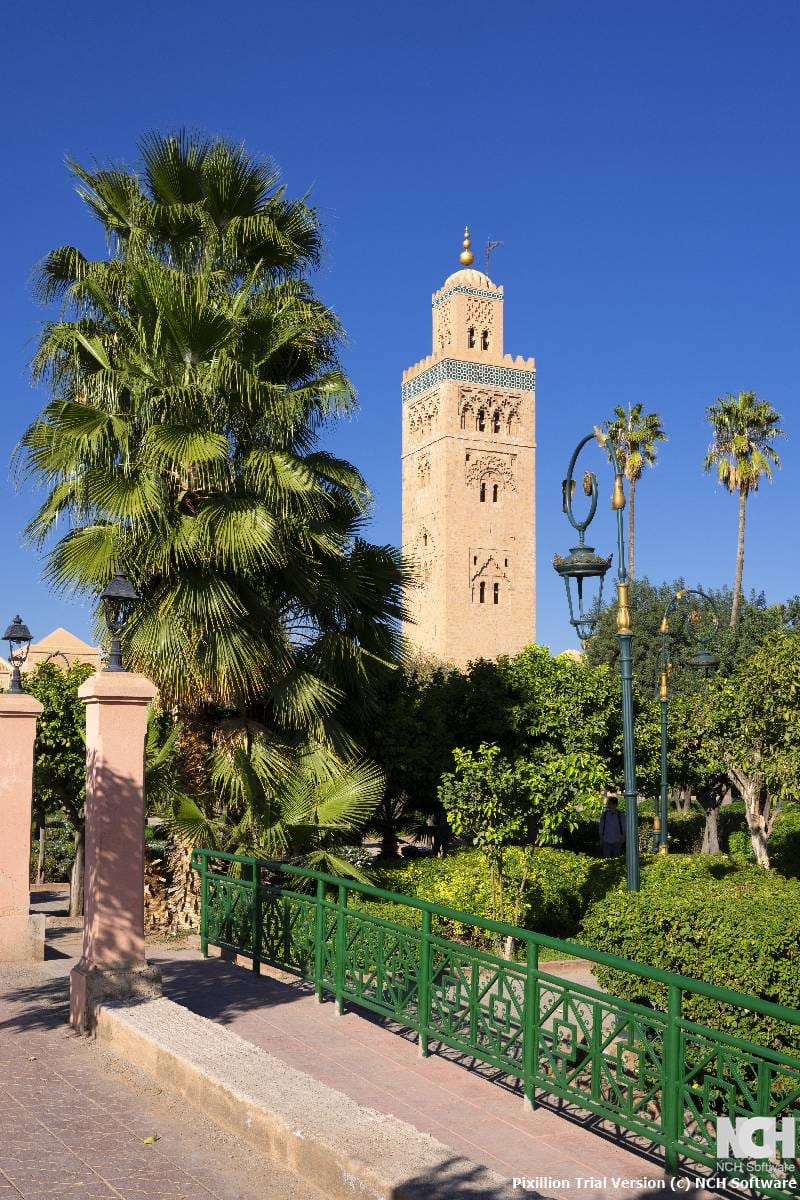 Vertical view of famous Koutoubia mosque with garden, Marrakech, Morocco.