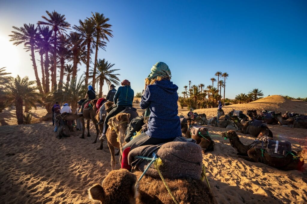 Travelers enjoying camel trekking in the Merzouga Desert in Morocco