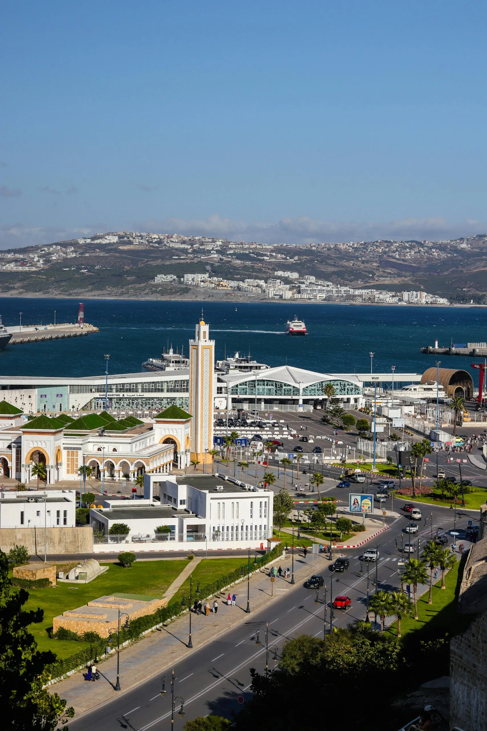 Panoramic view of Tangier with the port and coastline in northern Morocco