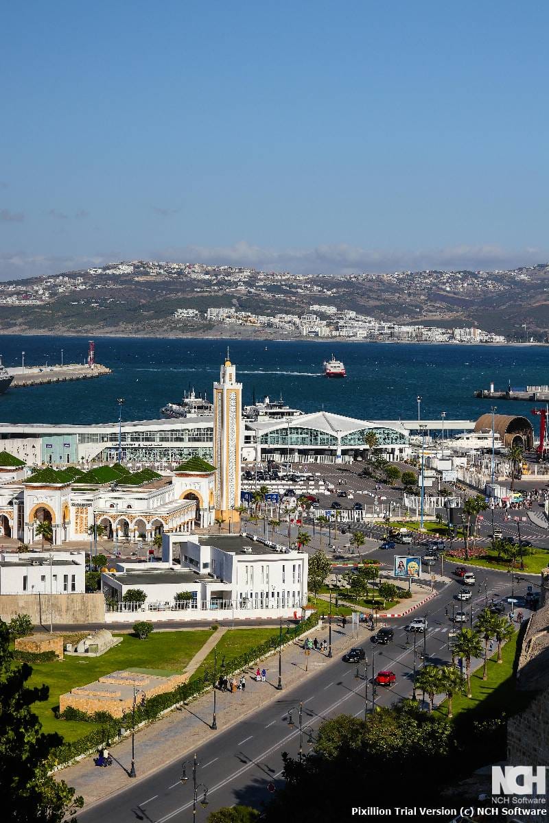 Panoramic view of Tangier with the city, coastline, and port overlooking the sea in northern Morocco