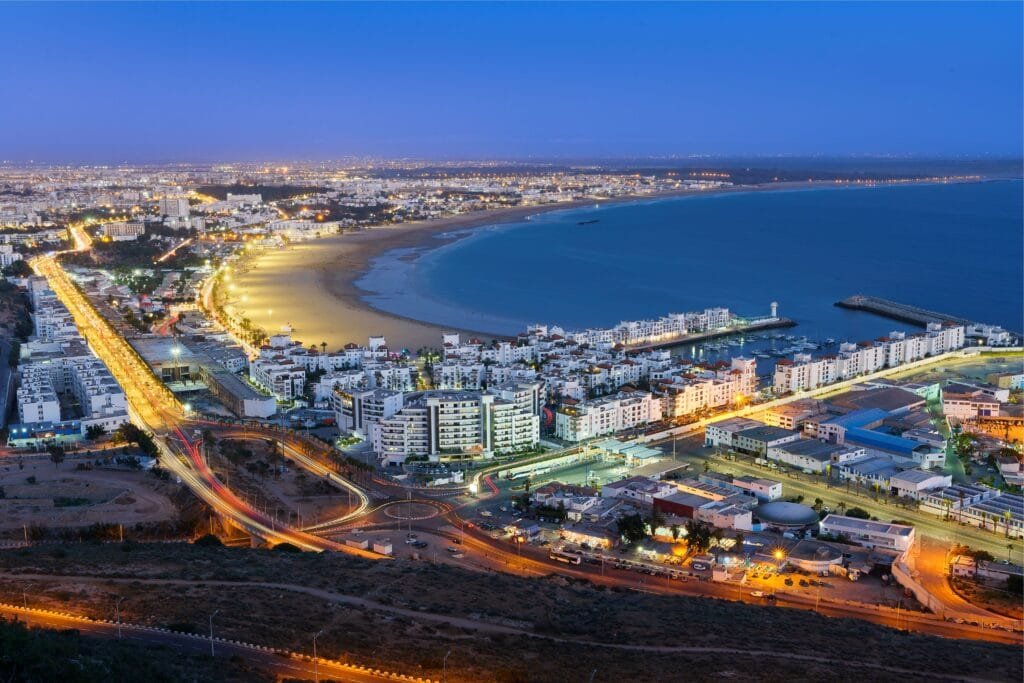 Evening view of Agadir beach with a calm seaside atmosphere in Morocco