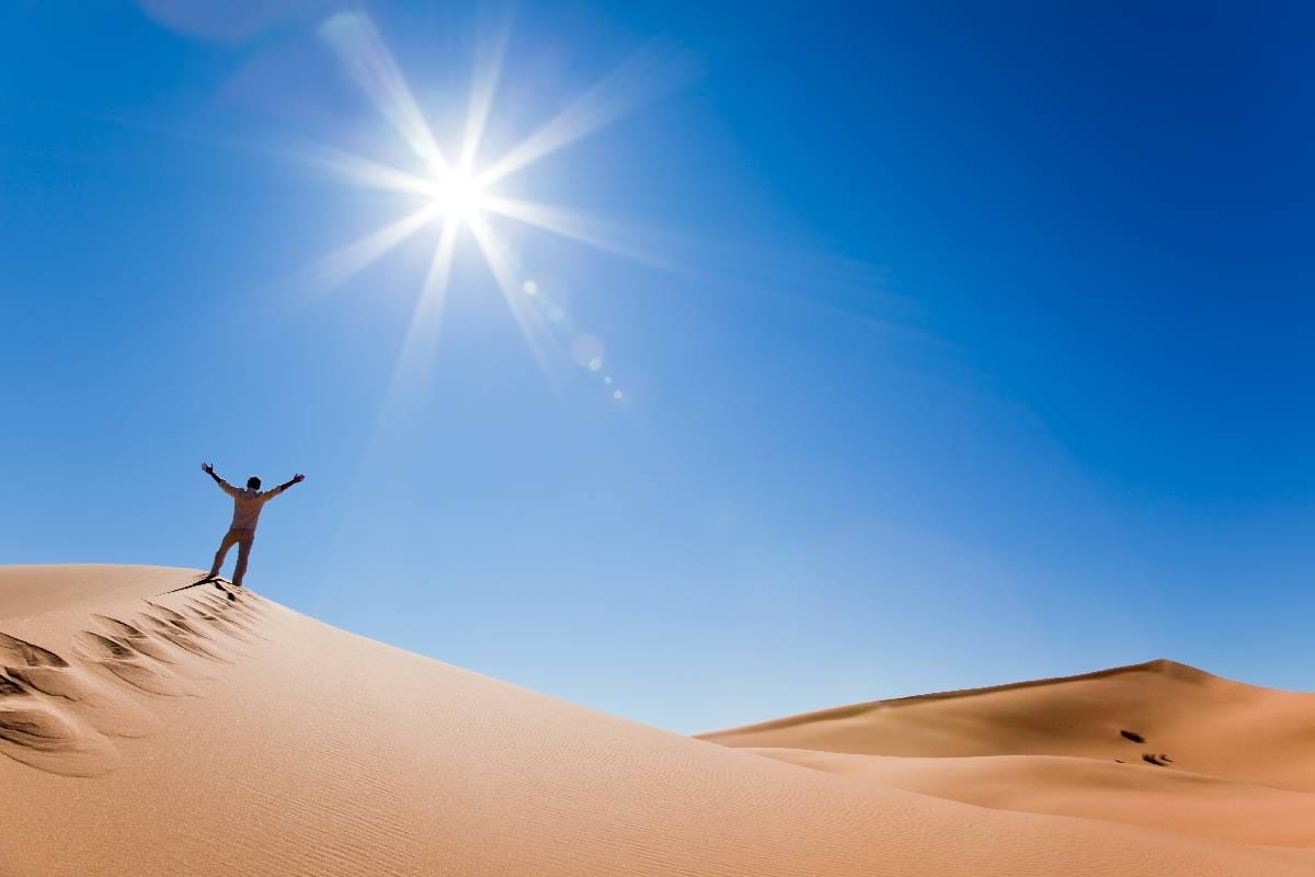 Success concept: rear view of a adult white man standing on a sand dune and holding arms up. Erg Chebbi, Maroc