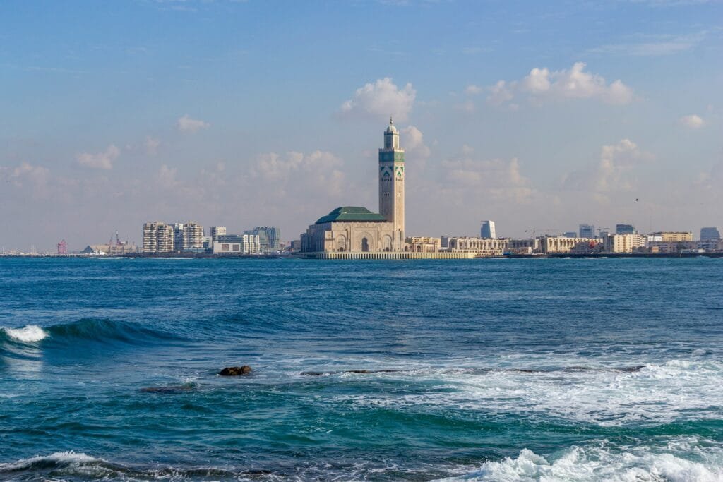 Hassan II Mosque viewed from the Atlantic coast in Casablanca.