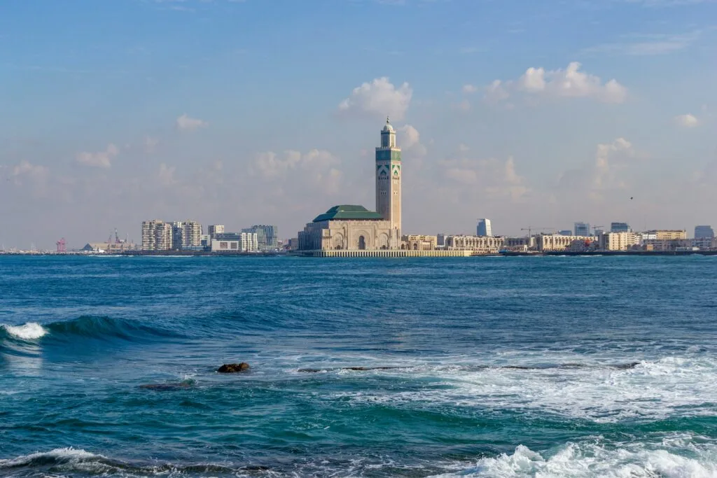 Hassan II Mosque viewed from the Atlantic coast in Casablanca.