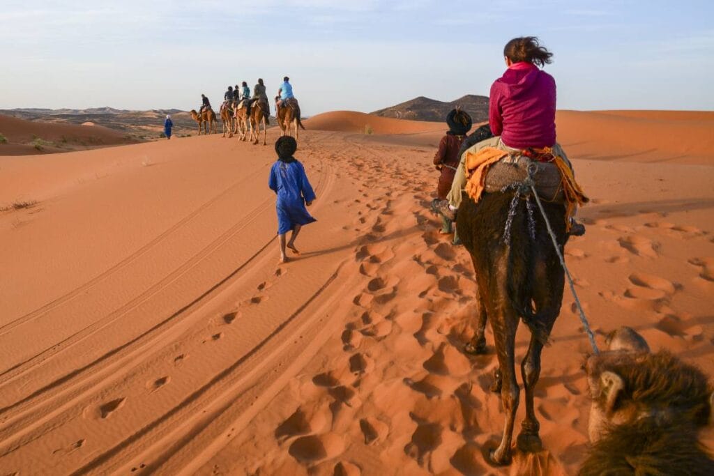 Travelers enjoying camel trekking across the golden dunes of Merzouga Desert in Morocco
