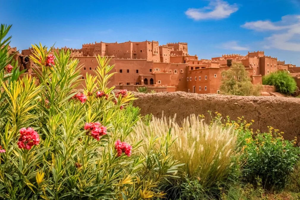 Exterior view of Taourirt Kasbah, a traditional Moroccan mud-brick fortress with towering earthen walls and decorative battlements, located in Ouarzazate, southern Morocco.